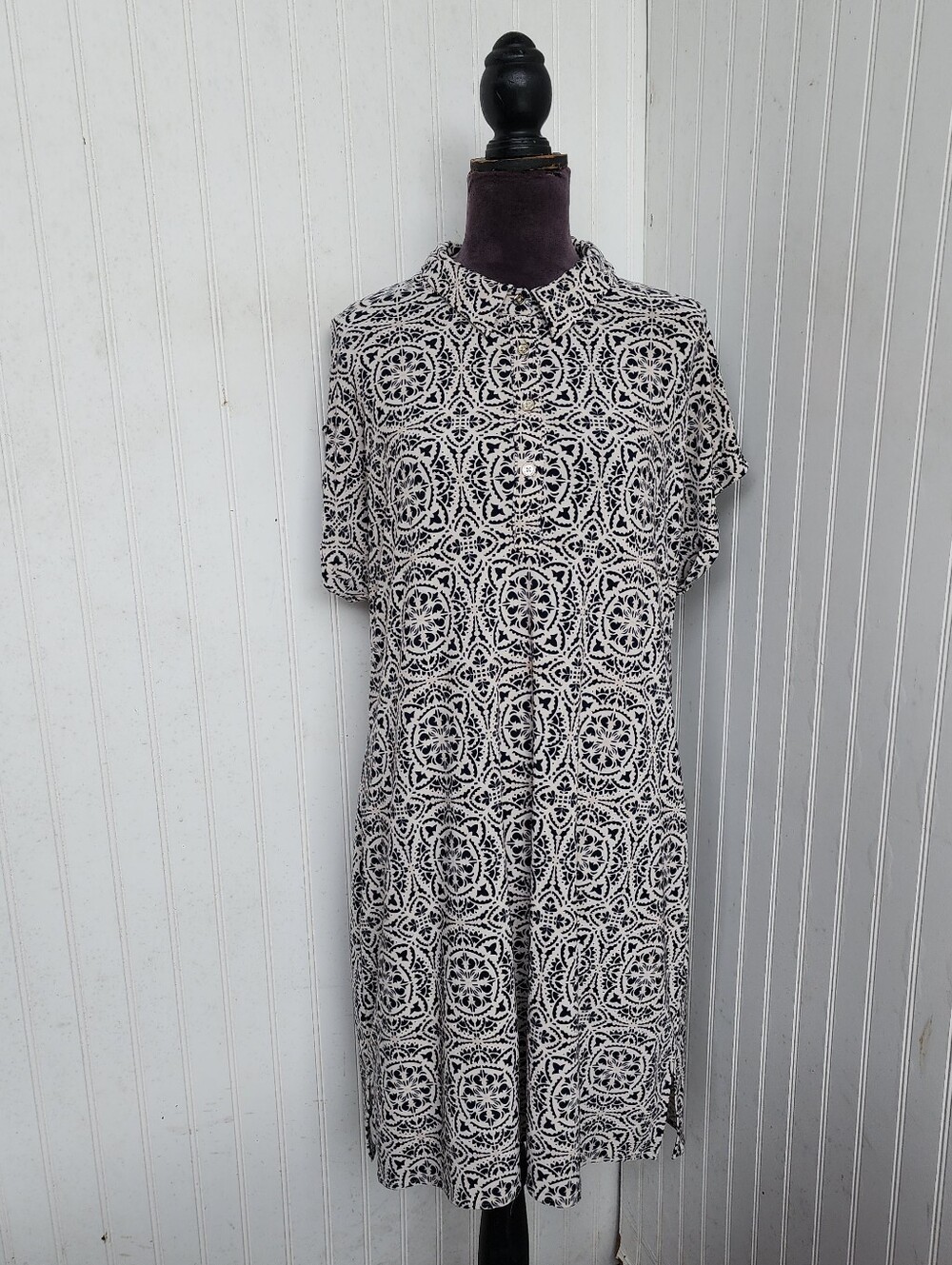 Tommy Hilfiger Womens Short Sleeve Shift Dress Gold Buttons Beige Black Dress 14